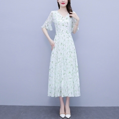 OD097: Đầm chữ A dài quá gối voan hoa ngắn tay cổ chữ V