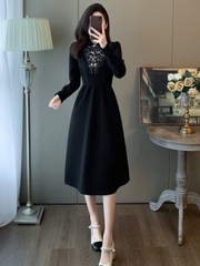 OD594: Váy đen nữ dáng dài quá gối cao cấp kiểu Hepburn phối ren