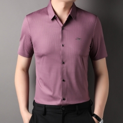 OE300: Áo sơ mi nam cao cấp tay ngắn lụa băng mùa hè họa tiết sọc jacquard