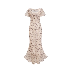 OE619: Váy dài tay chiffon hoa kiểu Pháp