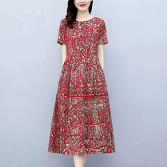 OD798: Váy cotton lanh tay ngắn cổ tròn in họa tiết cổ điển váy chữ A