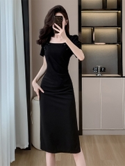 OD615: đầm dài ôm cổ vuông cài cúc kiểu dáng nữ xếp ly
