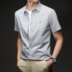 OE986: Áo sơ mi nam tay ngắn chất liệu cotton mỏng, áo kiểu Hàn Quốc thêu họa tiết