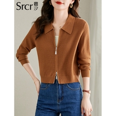 OE383: Áo len nữ cardigan len dệt kim ve áo khóa kéo đôi dành cho n