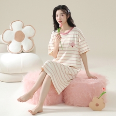 OE524: Váy ngủ nữ SPNN mùa hè cotton nguyên chất tay ngắn váy mỏng rộng rãi cỡ lớn