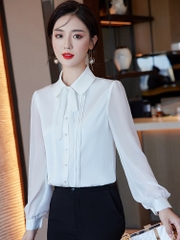 OD077: áo sơ mi nữ lụa dài tay cổ nơ