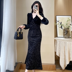 OE889: Váy dài sequin ôm vừa vặn mùa xuân và mùa thu váy dạ hội cao cấp váy dài tôn dáng