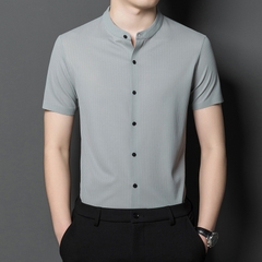 OE259: Áo sơ mi lụa lạnh tay ngắn cho nam cao cấp trung niên co giãn mịn áo sơ mi mùa hè sọc dọc jacquard giản dị mát mẻ