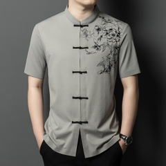 OD334: Áo sơ mi nam ngắn tay lụa mỏng cổ đứng in hình
