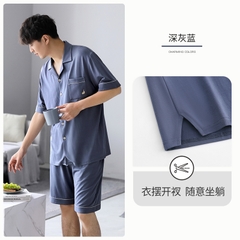 OE485: Bộ đồ ngủ nam SPNN mùa hè modal quần short tay ngắn quần áo mặc nhà mùa hè lụa băng mỏng sọc cỡ lớn