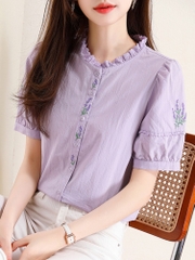 OD036: áo sơ mi nữ cotton phối ren tay ngắn