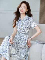 OD043: đầm nữ in hình dáng dài xòe nhẹ cổ bẻ