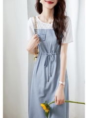 OD057: đầm phối dây buộc eo dáng xòe nhẹ