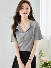 OE400: áo sơ mi nữ cổ chữ V cotton nguyên chất tay ngắn áo phông nữ