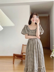 Mã B910: Đầm váy nữ kẻ sọc tay phồng cổ vuông mới phong cách Hồng Kông