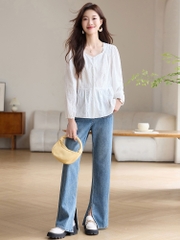 OE402: Áo sơ mi cotton thêu cổ vuông màu trắng cho nữ