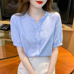 OD053: áo sơ mi nữ cotton phối ren tay ngắn