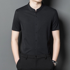 OE259: Áo sơ mi lụa lạnh tay ngắn cho nam cao cấp trung niên co giãn mịn áo sơ mi mùa hè sọc dọc jacquard giản dị mát mẻ