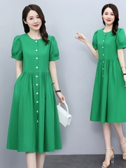 OD765: Váy trung niên thắt dây eo dáng dài quá gối tay phồng kiểu Pháp