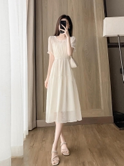 OD553: Váy voan trắng cổ tròn che bụng Váy chữ A