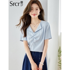 OE400: áo sơ mi nữ cổ chữ V cotton nguyên chất tay ngắn áo phông nữ