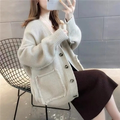 OE436: Áo khoác len nữ Cardigan mùa thu Áo khoác ngoài rộng rãi phong cách Hàn Quốc