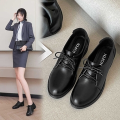 C265: giày nữ da buộc dây màu đen giày đế vừa mũi tròn