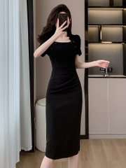 OD615: đầm dài ôm cổ vuông cài cúc kiểu dáng nữ xếp ly