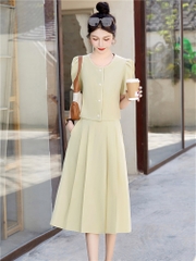 OD556: set áo váy dài sang trọng cao cấp cổ tròn