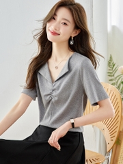 OE400: áo sơ mi nữ cổ chữ V cotton nguyên chất tay ngắn áo phông nữ