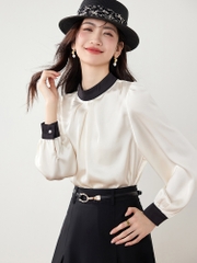OE396: Áo sơ mi vải satin chiffon cổ đứng phối màu kiểu Pháp nữ