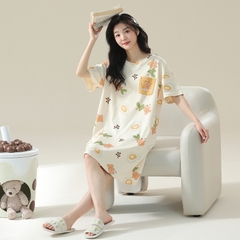 OE524: Váy ngủ nữ SPNN mùa hè cotton nguyên chất tay ngắn váy mỏng rộng rãi cỡ lớn
