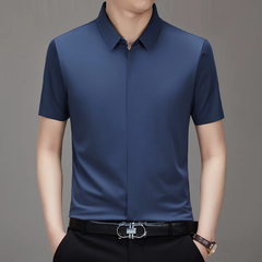 OE972: Áo sơ mi nam không đường may bằng lụa băng, áo sơ mi ngắn tay mùa hè