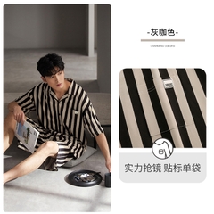 OE485: Bộ đồ ngủ nam SPNN mùa hè modal quần short tay ngắn quần áo mặc nhà mùa hè lụa băng mỏng sọc cỡ lớn