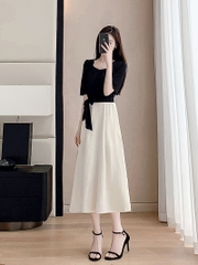 OD226: đầm dáng dài đen trắng thiết kế kiểu Pháp