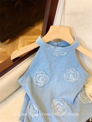 OD731: Áo sơ mi nữ vest denim thêu hoa hồng phong cách retro