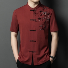 OD334: Áo sơ mi nam ngắn tay lụa mỏng cổ đứng in hình