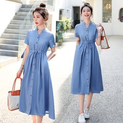 OD648: Váy sơ mi denim Tencel nữ dáng dài quá gối đai eo
