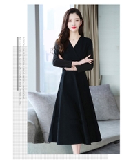 OD661: Đầm Nữ Xuân Thuváy dài qua gối Cổ Chữ V Màu Đen Thời Trang Cao Cấp