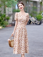 OD649: Váy hoa cổ vuông phong cách Pháp