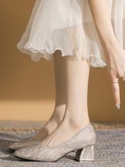 OE427: Giày cưới cỡ lớn đính sequin kiểu Pháp đầu vuông giày cao gót nữ