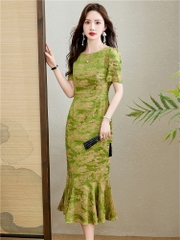 OD599: Đầm xanh dáng ôm đuôi cá jacquard cao cấp