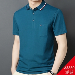 OE757: Áo thun nam cao cấp tay ngắn mùa hè cho bố trung niên cổ trắng có túi áo thun POLO cotton mercerized