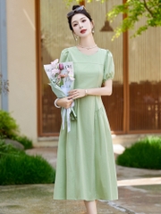 OD600: Váy cotton suông tay phồng váy dài xếp ly