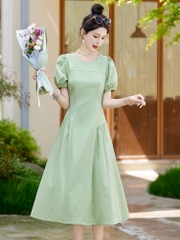 OD600: Váy cotton suông tay phồng váy dài xếp ly