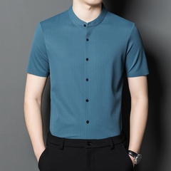 OE259: Áo sơ mi lụa lạnh tay ngắn cho nam cao cấp trung niên co giãn mịn áo sơ mi mùa hè sọc dọc jacquard giản dị mát mẻ