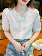 OD053: áo sơ mi nữ cotton phối ren tay ngắn