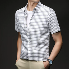 OE985: Áo sơ mi nam tay ngắn kẻ caro bằng cotton, mẫu mới mùa hè