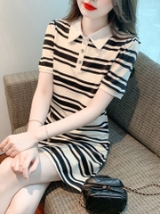 OD098: đầm thun sọc trẻ trung cổ polo