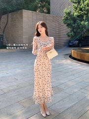OE619: Váy dài tay chiffon hoa kiểu Pháp